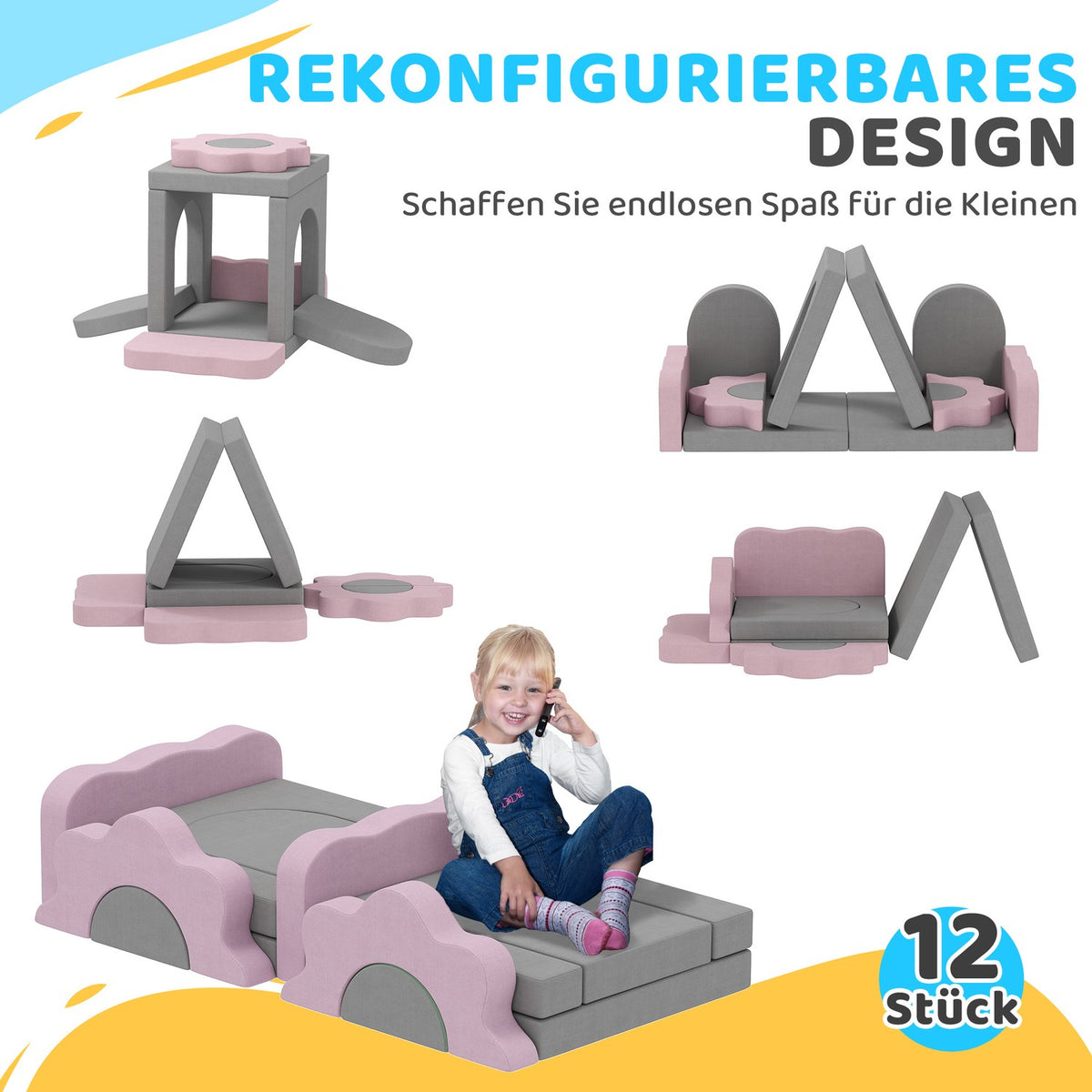 Foam Climbing Blocks Set, 12-Piece, Gray/Pink Cord Cover