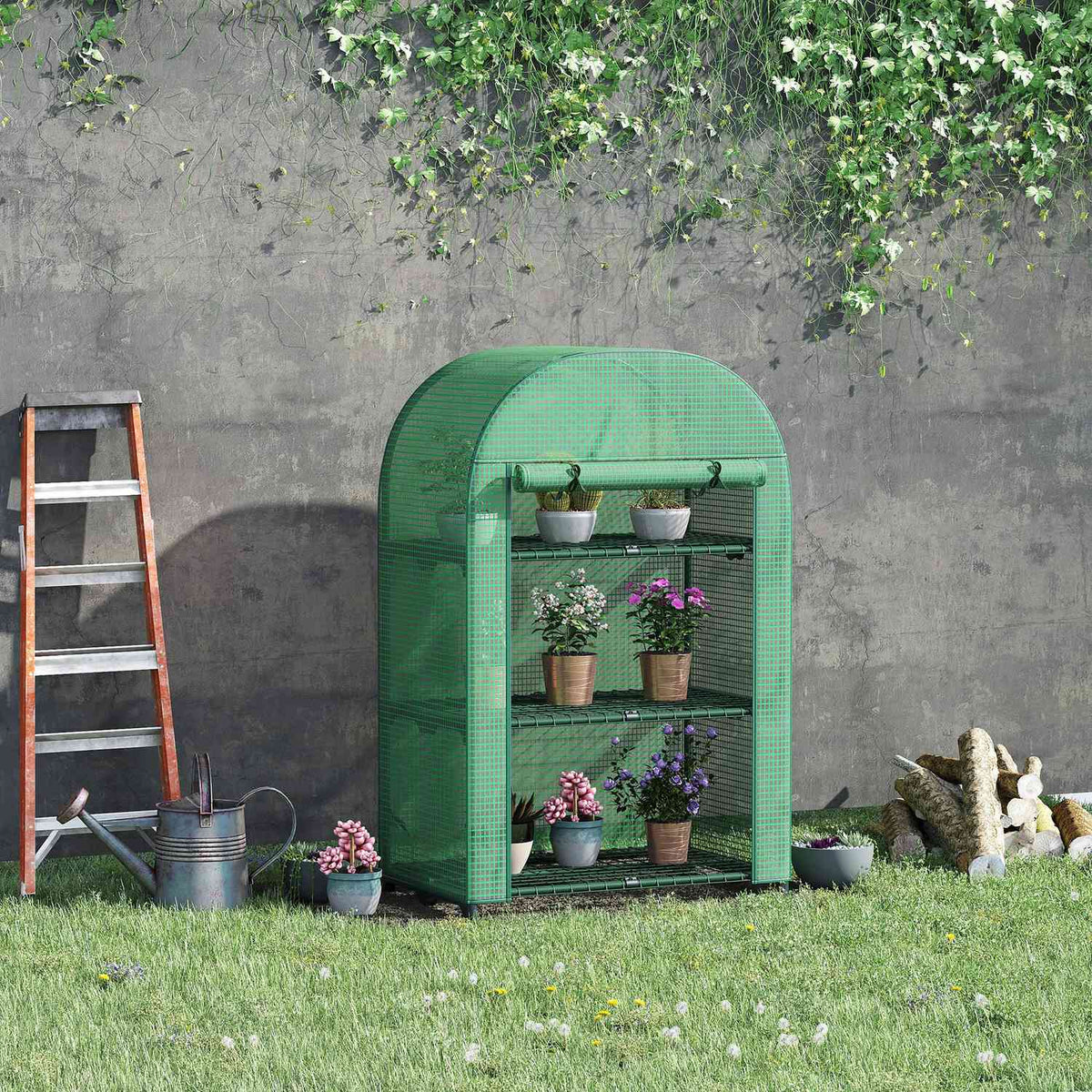 Foil Greenhouse 3 Shelves, Mini Greenhouse For Balcony, Greenhouse, Tomato House, Metal, Green, 80X49X120Cm