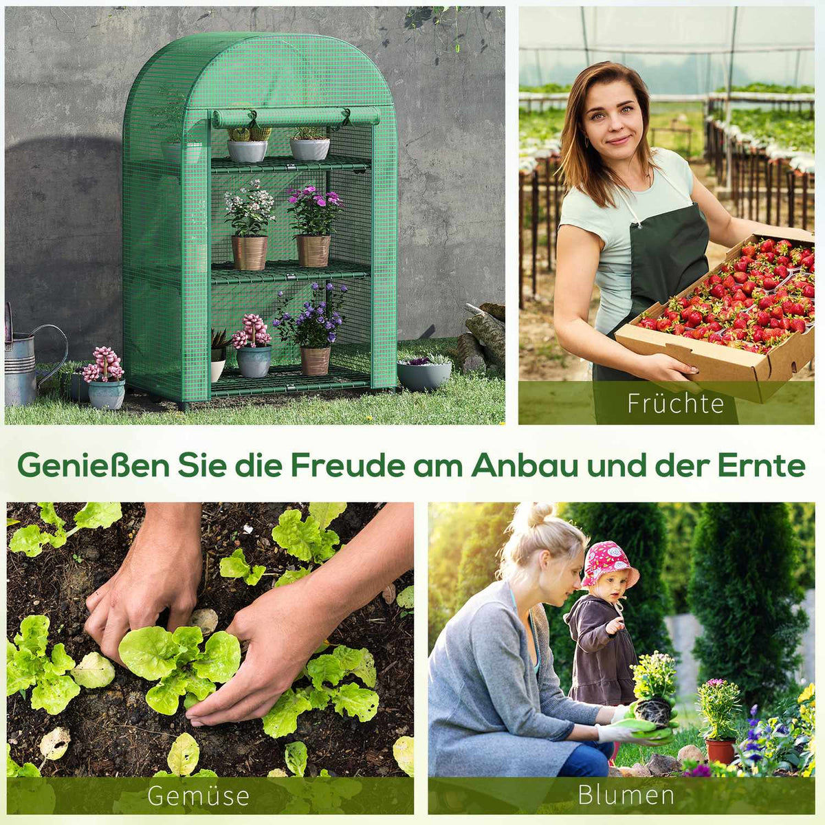 Foil Greenhouse 3 Shelves, Mini Greenhouse For Balcony, Greenhouse, Tomato House, Metal, Green, 80X49X120Cm