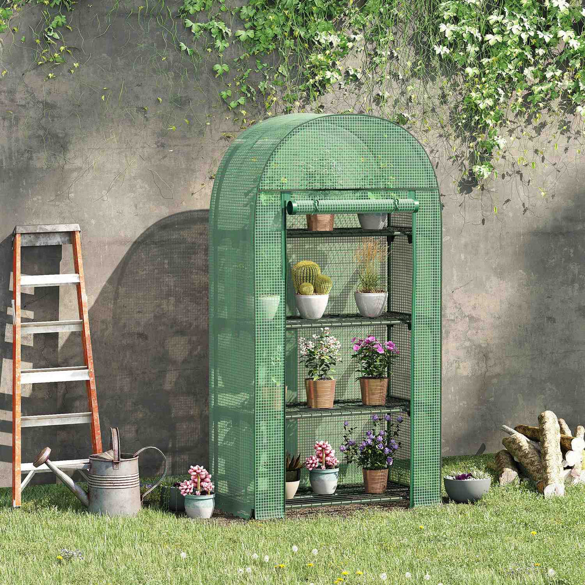 Foil Greenhouse 4 Shelves, Mini Greenhouse For Balcony, Greenhouse, Tomato House, Metal, Green, 80X49X160Cm