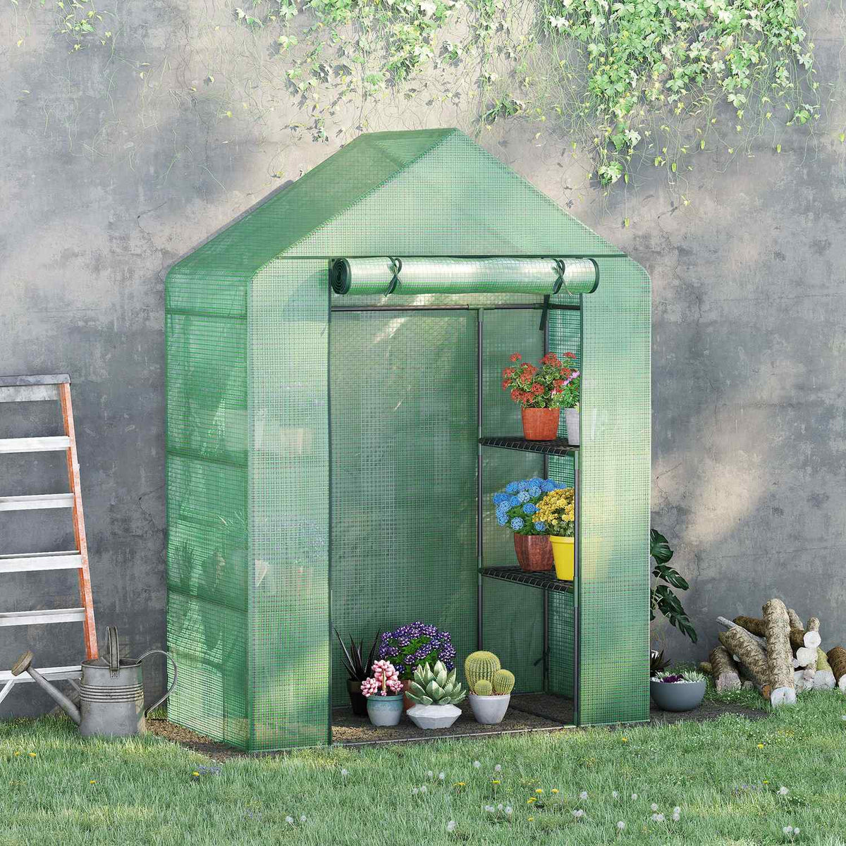 Foil Greenhouse Walk-In Garden Shed With 6 Shelves Greenhouse For Plants With Roll-Up Entrance Green