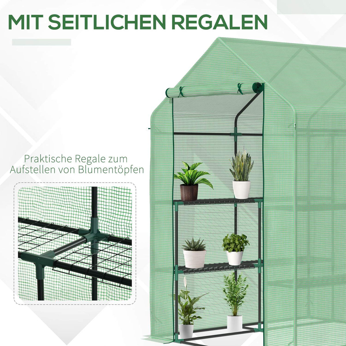 Foil Greenhouse Walk-In Greenhouse With 8 Shelf Levels, Ideal For Tomatoes, Steel & Pe Plastic, Green, With Door