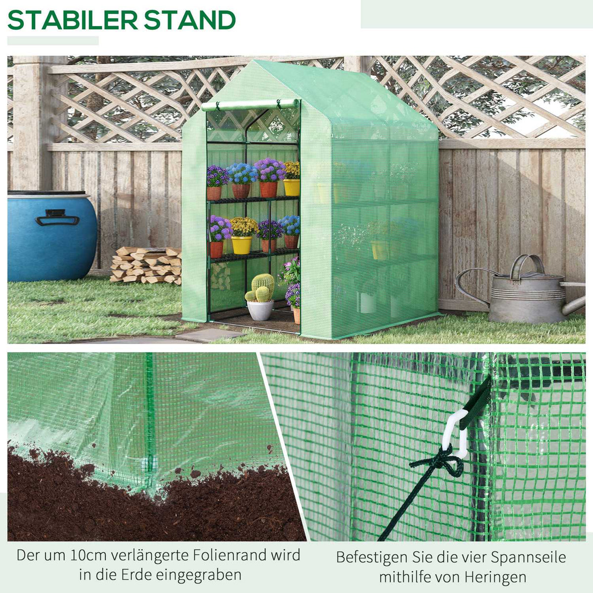 Foil Greenhouse Walk-In Greenhouse With 8 Shelf Levels, Ideal For Tomatoes, Steel & Pe Plastic, Green, With Door
