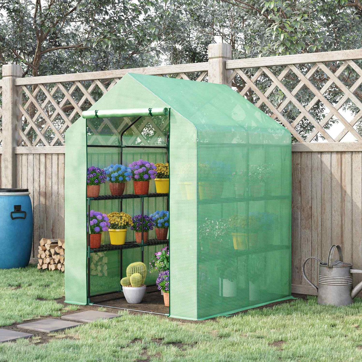 Foil Greenhouse Walk-In Greenhouse With 8 Shelf Levels, Ideal For Tomatoes, Steel & Pe Plastic, Green, With Door