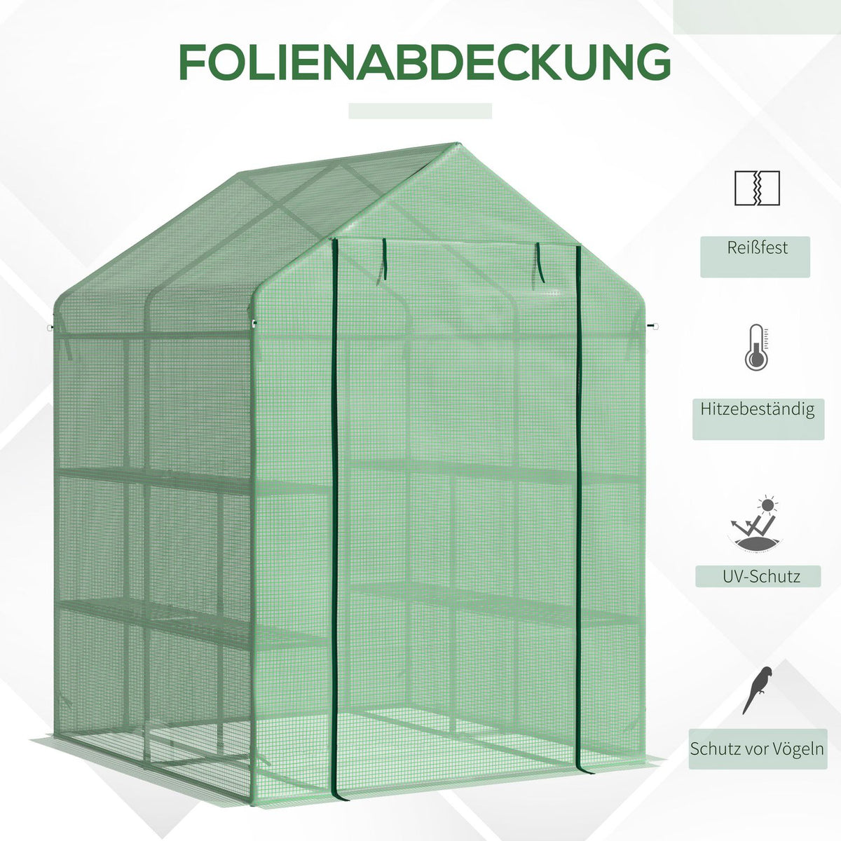 Foil Greenhouse Walk-In Greenhouse With 8 Shelf Levels, Ideal For Tomatoes, Steel & Pe Plastic, Green, With Door