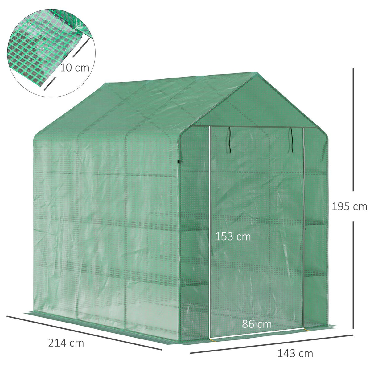 Foil Greenhouse Walk-In Greenhouse With 8 Shelves, Door, Green, 214X143X195Cm