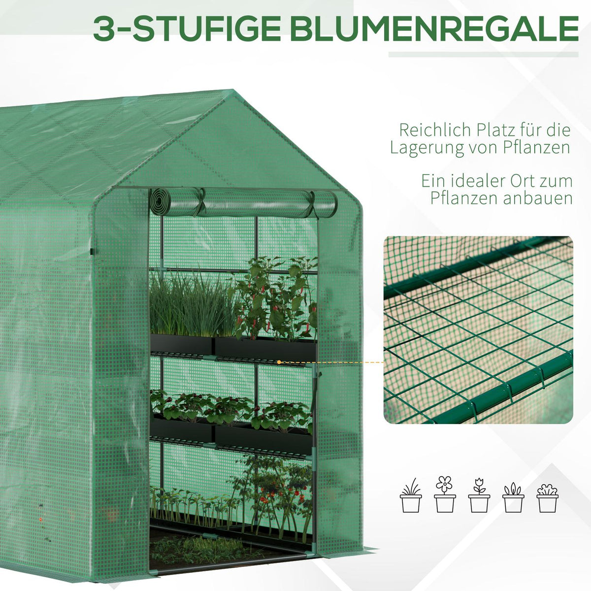 Foil Greenhouse Walk-In Greenhouse With 8 Shelves, Door, Green, 214X143X195Cm