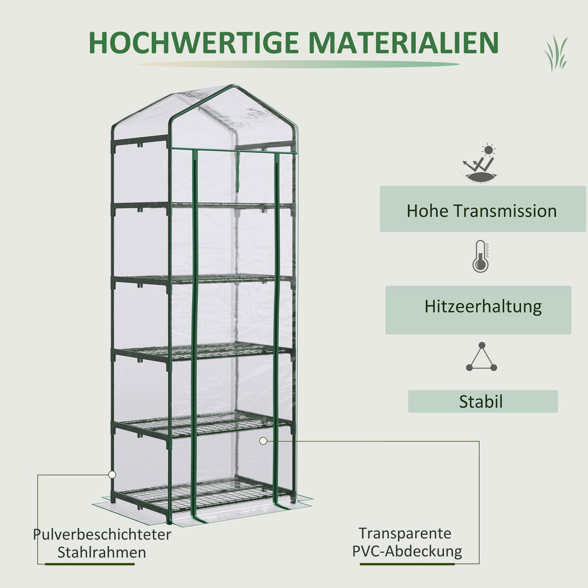 Foil Greenhouse With 5 Shelves, Mini Greenhouse, For Flowers Or Vegetables, Greenhouse, Transparent+Green, 69X49X193Cm