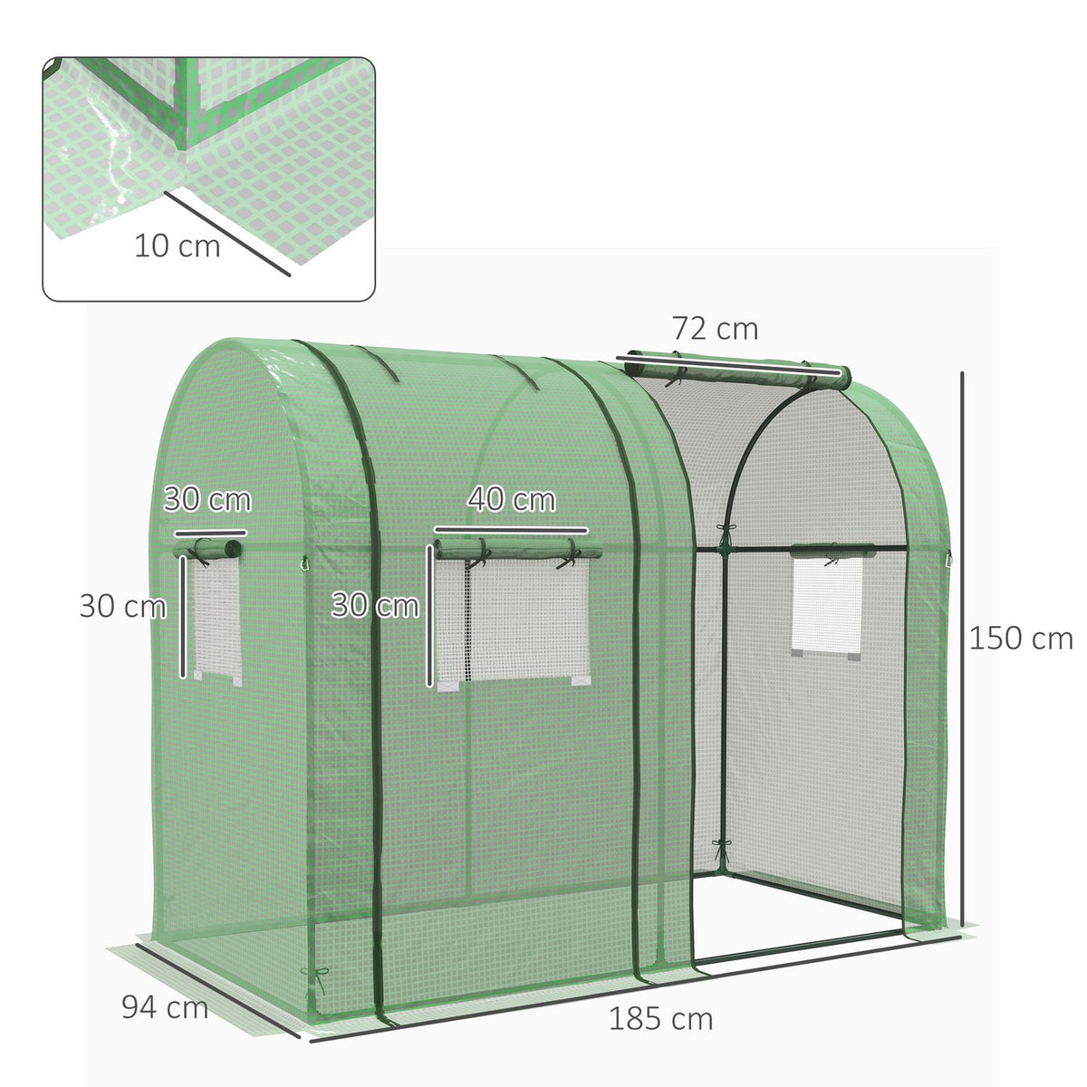 Foil greenhouse 2 roller doors windproof with side window UV protection for garden tomato house made of PE in green
