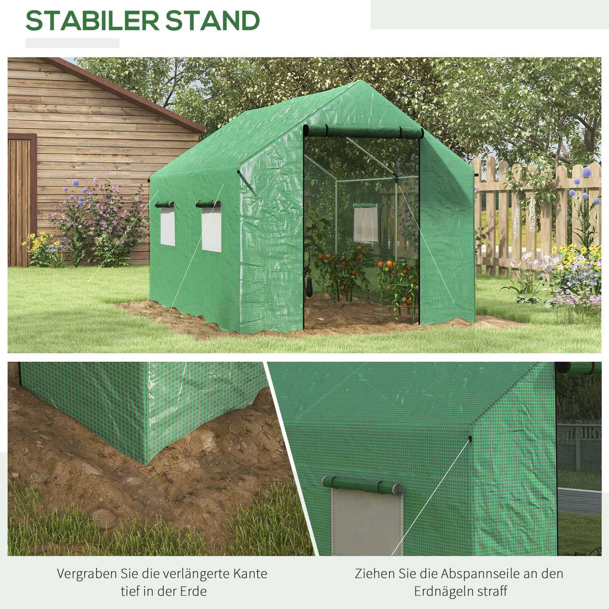Foil greenhouse 2x3x2m windproof with roll-up window & UV protection, ideal for tomatoes, sturdy steel construction in green