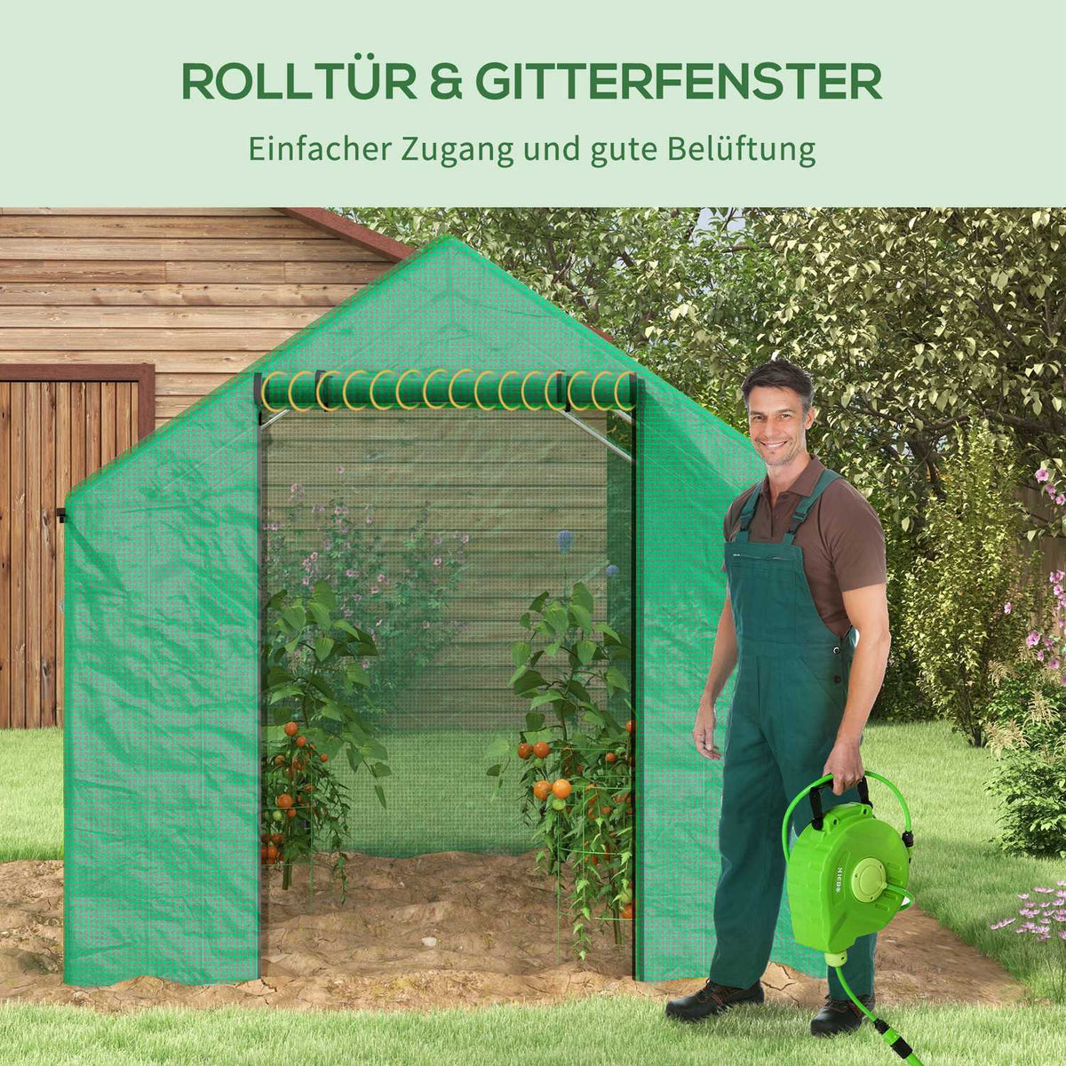 Foil greenhouse 2x3x2m windproof with roll-up window & UV protection, ideal for tomatoes, sturdy steel construction in green