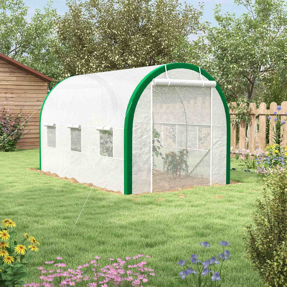 Foil greenhouse 3.58 x 2.1 x 2.1 m tunnel greenhouse with roller door for garden & balcony, galvanized steel, white