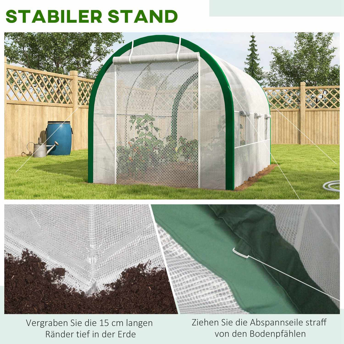 Foil greenhouse 3.58 x 2.1 x 2.1 m tunnel greenhouse with roller door for garden & balcony, galvanized steel, white