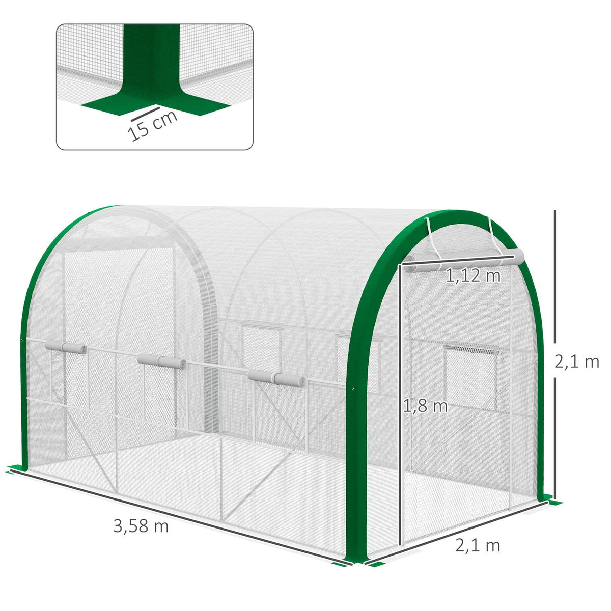 Foil greenhouse 3.58 x 2.1 x 2.1 m tunnel greenhouse with roller door for garden & balcony, galvanized steel, white