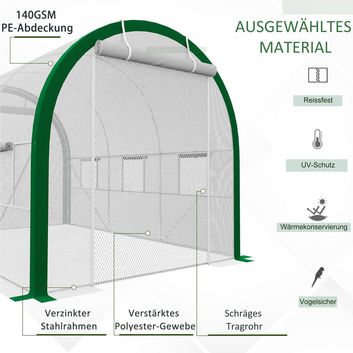 Foil greenhouse 3.58 x 2.1 x 2.1 m tunnel greenhouse with roller door for garden & balcony, galvanized steel, white