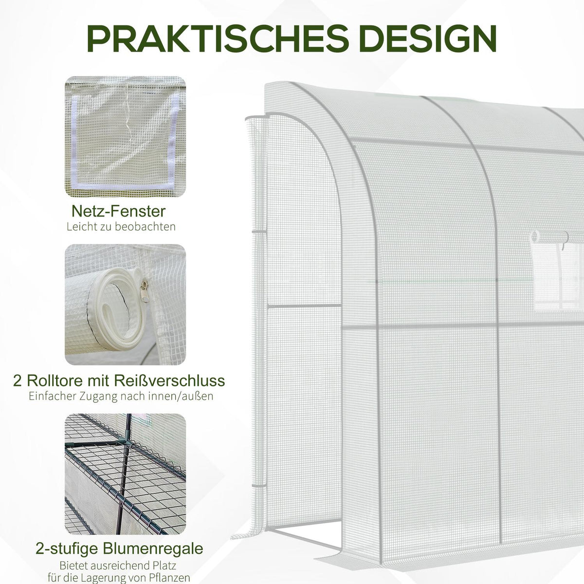 Foil greenhouse tomato greenhouse 200x100x215cm with mesh windows and roll-up doors UV protection in white for plants and garden
