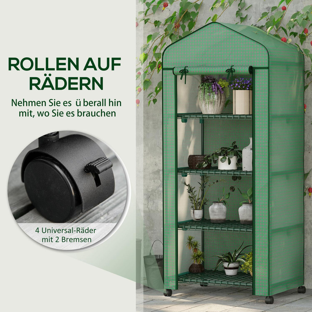 Foil greenhouse with roller, greenhouse with 4 shelves, foil greenhouse with steel frame, for garden, balcony 69 x 50 x 165 cm, green