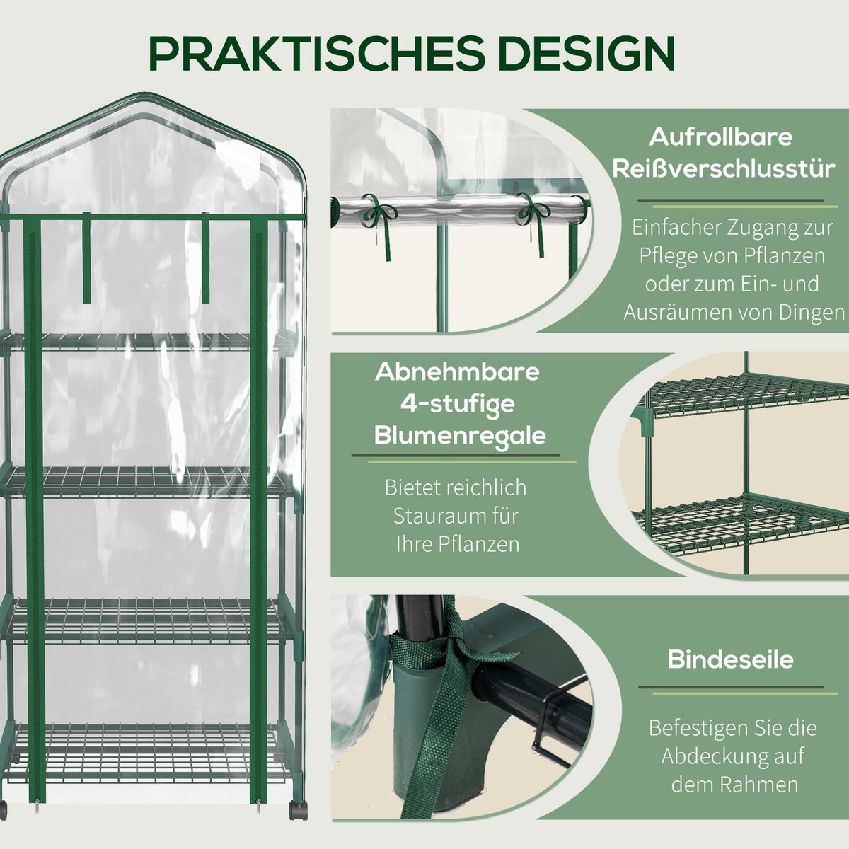 Foil greenhouse with roller, greenhouse with 4 shelves, foil greenhouse with steel frame, for garden, balcony 69 x 50 x 165 cm, green