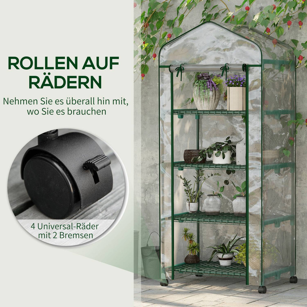 Foil greenhouse with roller, greenhouse with 4 shelves, foil greenhouse with steel frame, for garden, balcony 69 x 50 x 165 cm, green