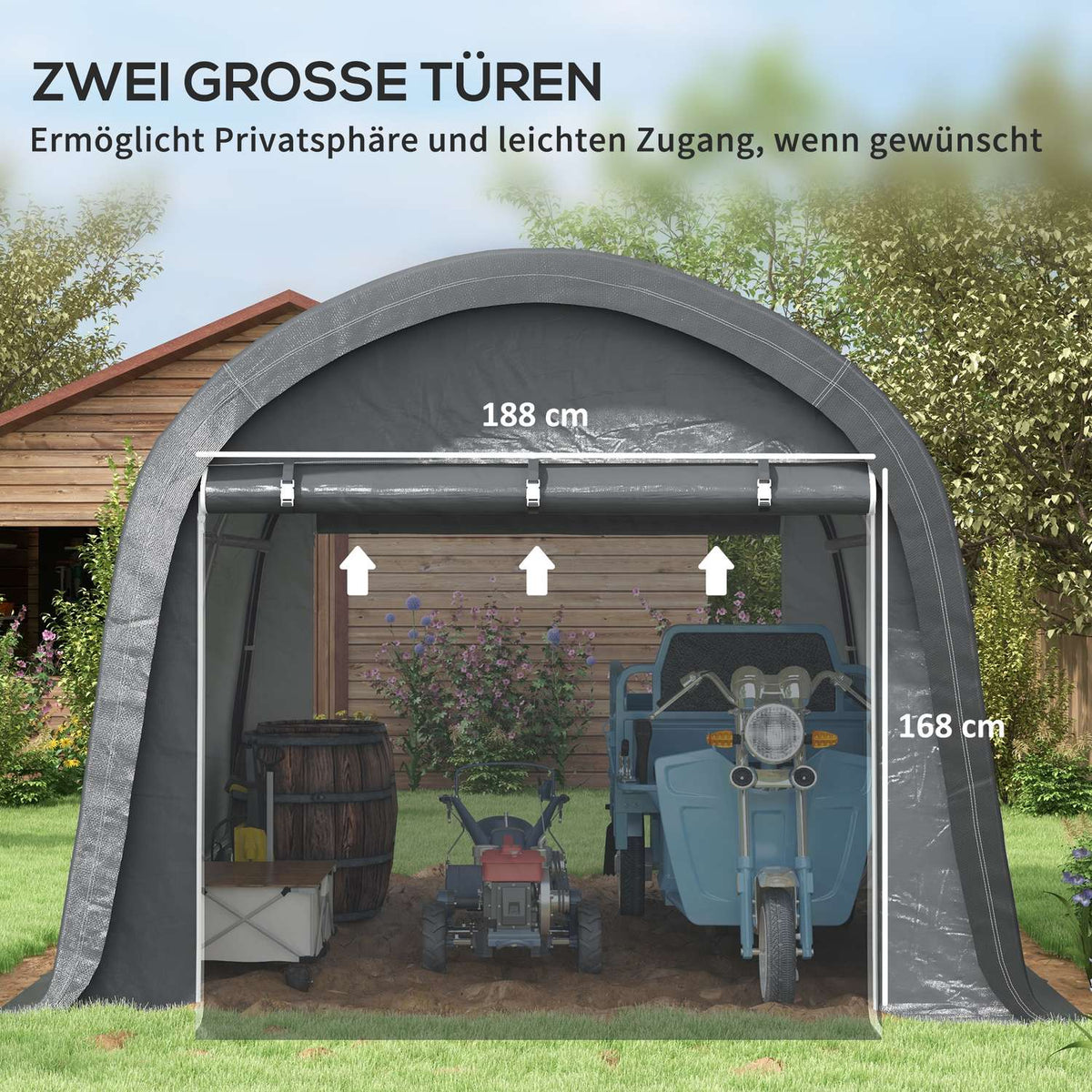 Foil tool shed 3x3m tool shed with UV protection, water-repellent, steel, PE, gray, with two roller shutters