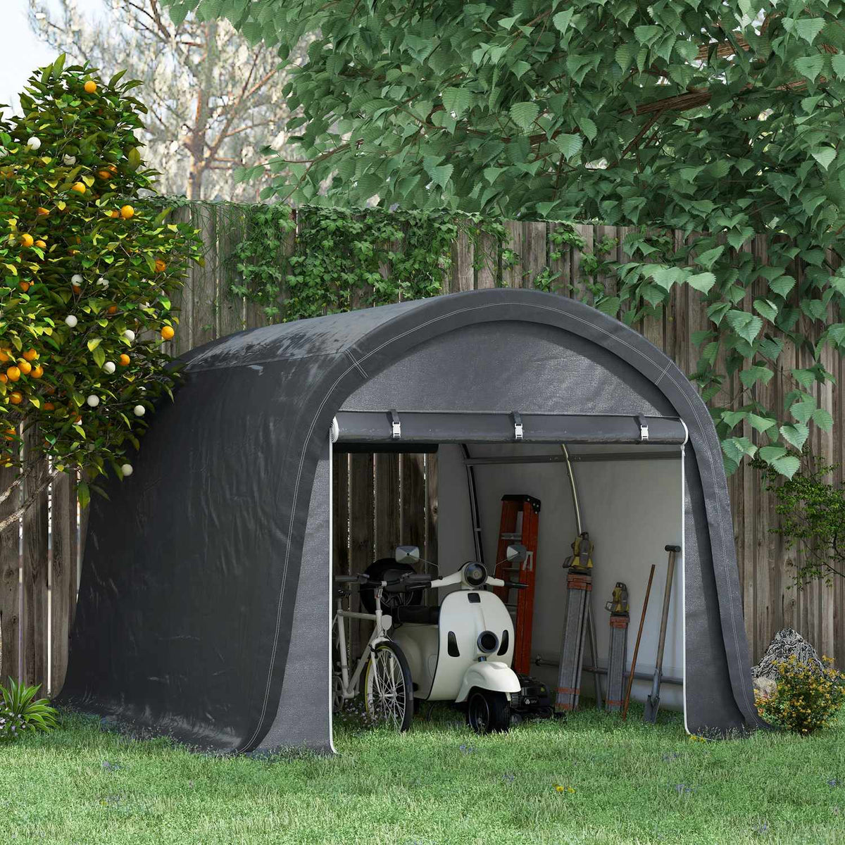 Foil tool shed 3x3m tool shed with UV protection, water-repellent, steel, PE, gray, with two roller shutters