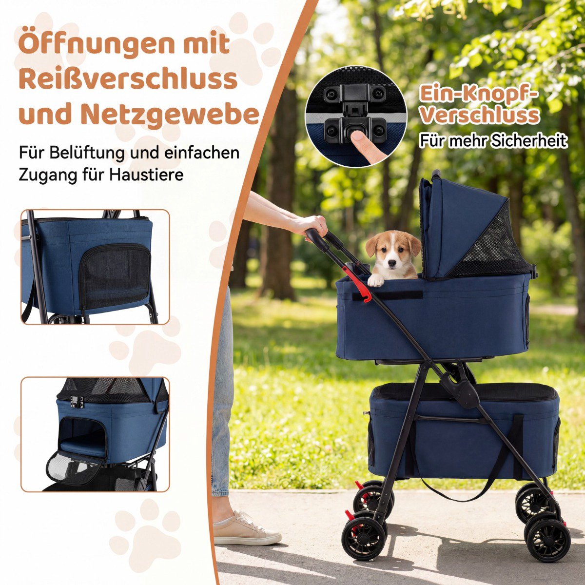 Foldable 3-in-1 Pet Stroller with Dual Carriers, Blue