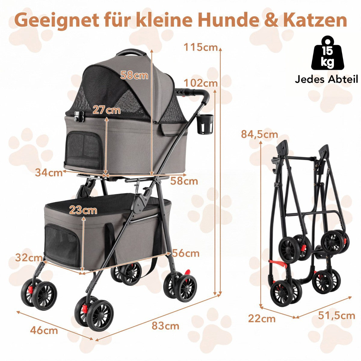 Foldable 3-in-1 Pet Stroller with Dual Carriers, Gray