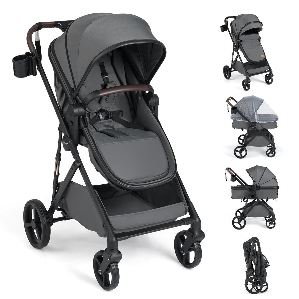 Foldable 3-in-1 Stroller with Reversible Seat, Grey