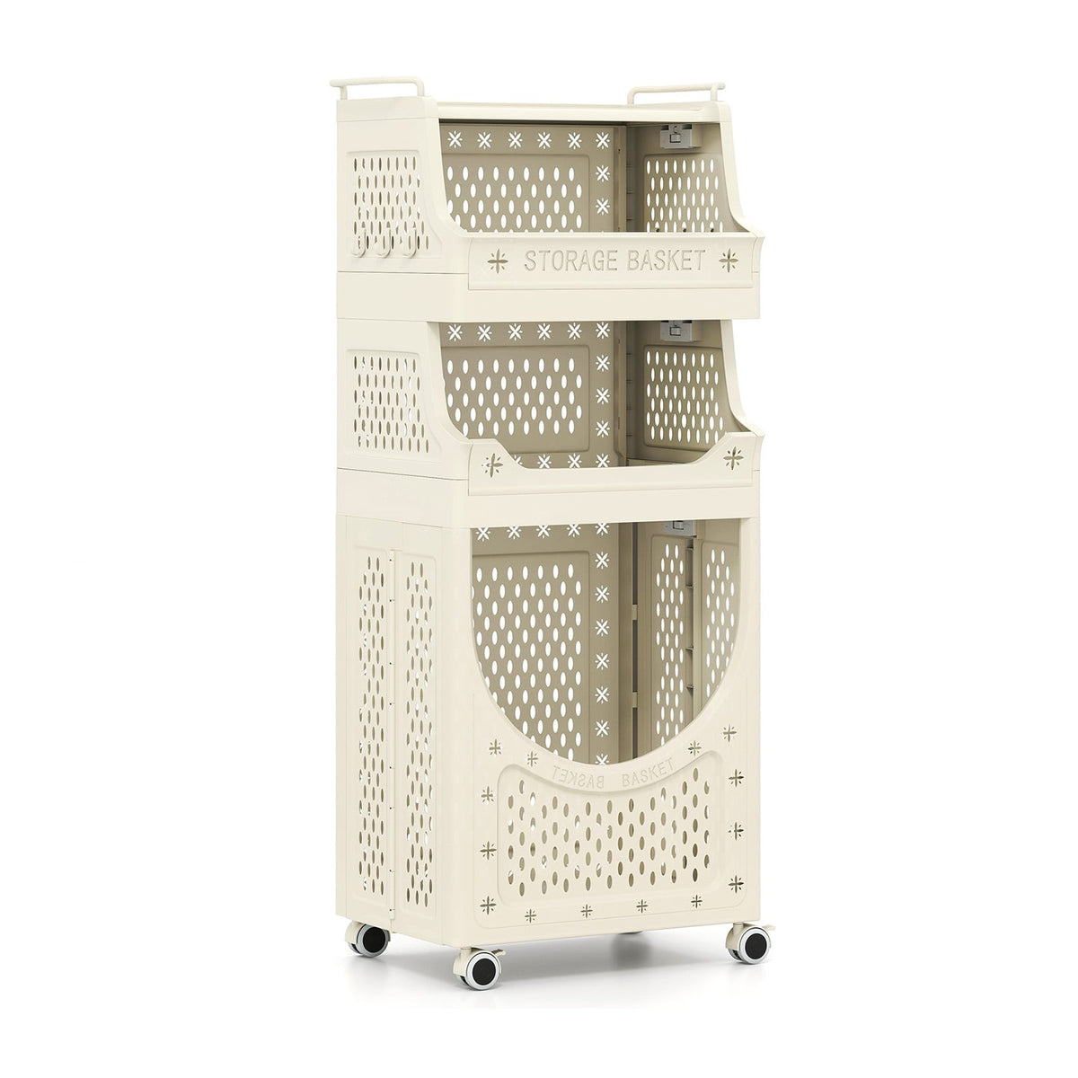 Foldable 4-Tier Laundry Cart with Locking Wheels, Beige