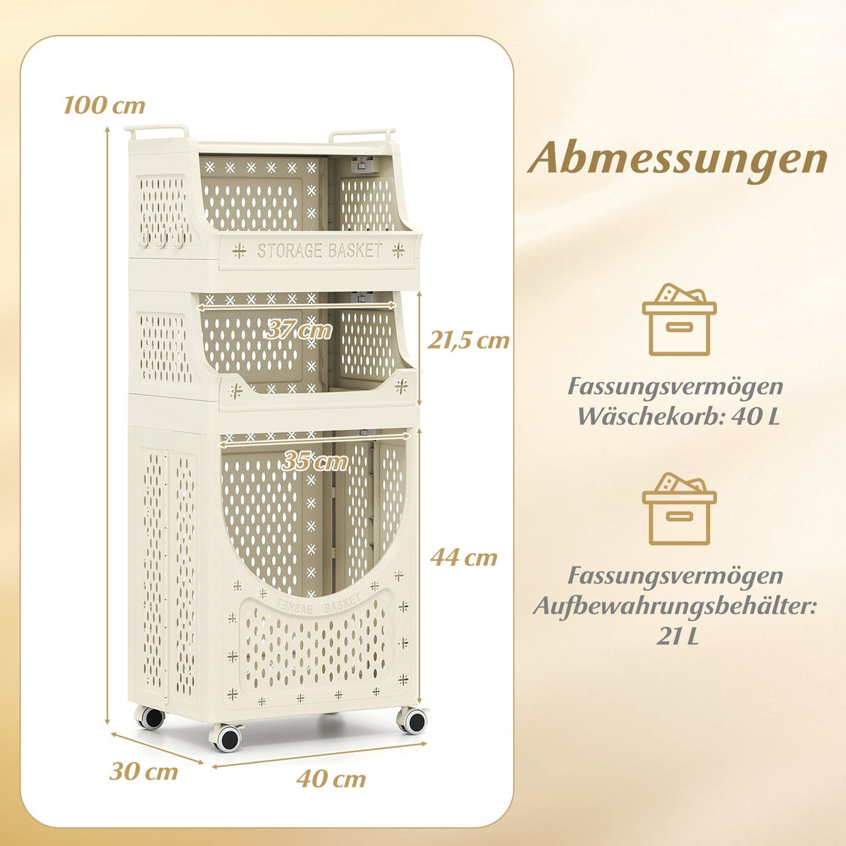 Foldable 4-Tier Laundry Cart with Locking Wheels, Beige