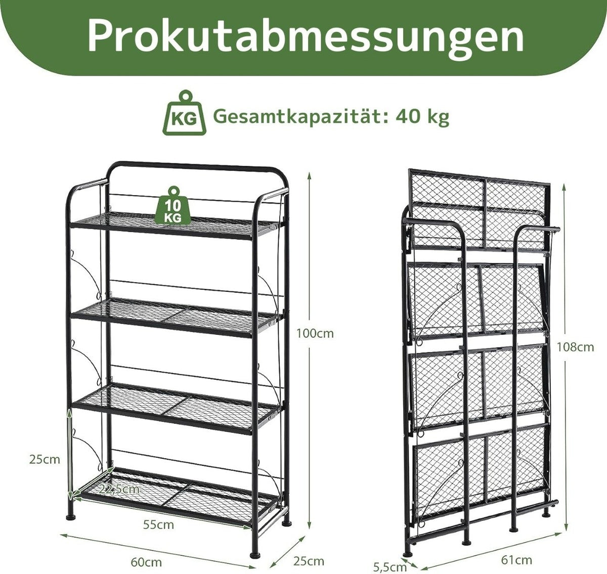 Foldable 4-tier metal plant stand with adjustable shelf can hold up to 40 kg