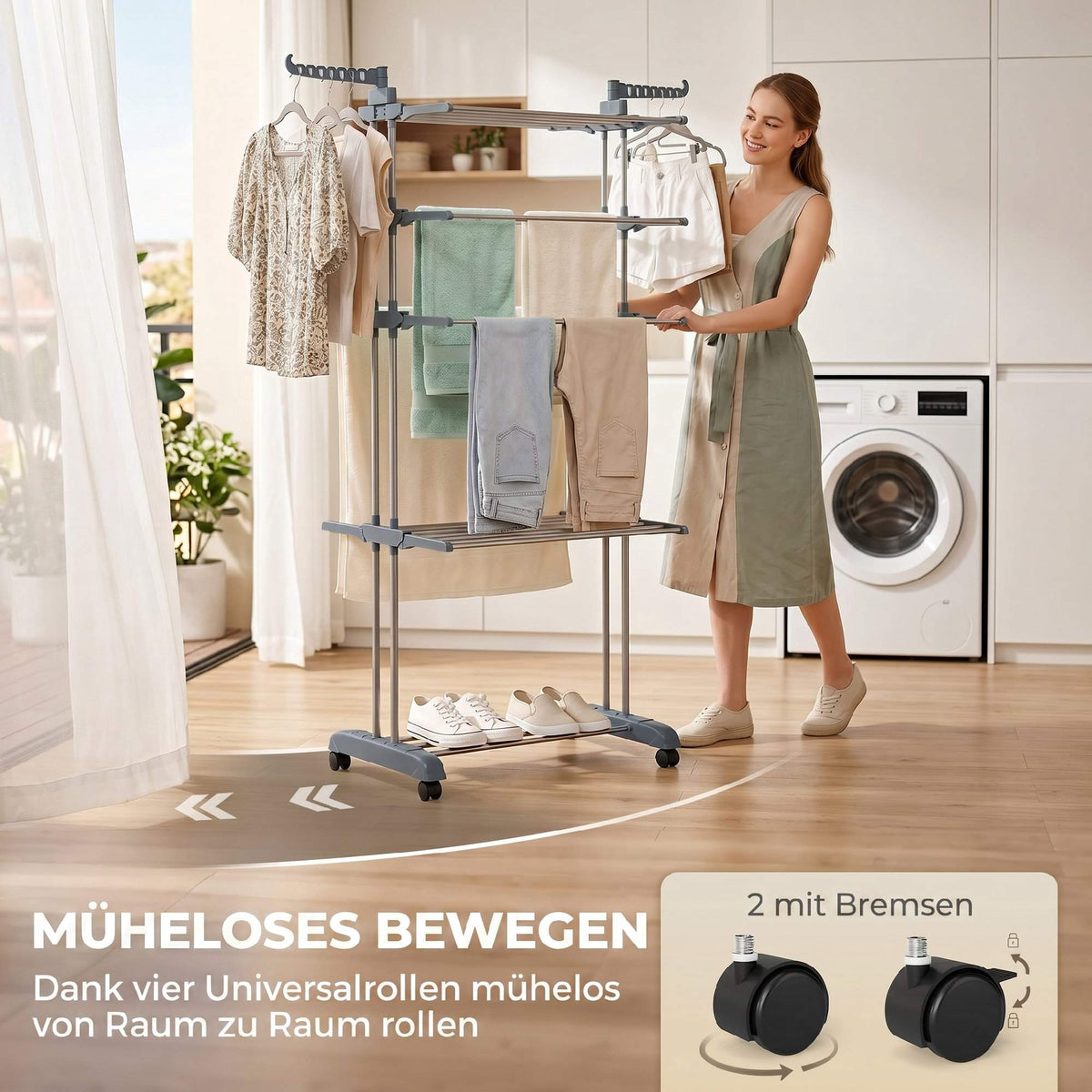 Foldable 5-Tier Clothes Drying Rack with Wheels, Grey