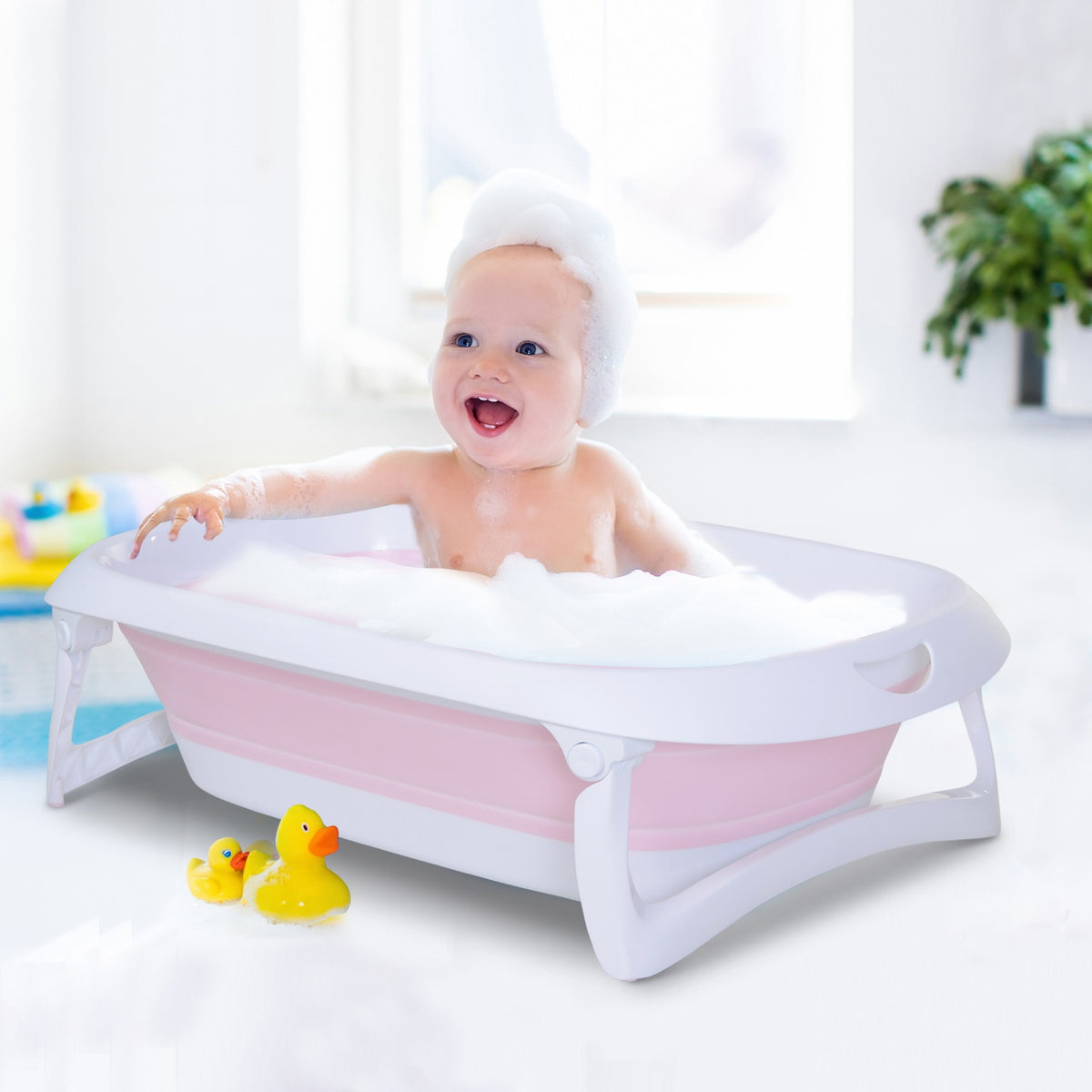 Foldable Baby Bath Ergonomic Non-Slip Baby Bath Tub Foldable Plastic Pink 80X48X21Cm