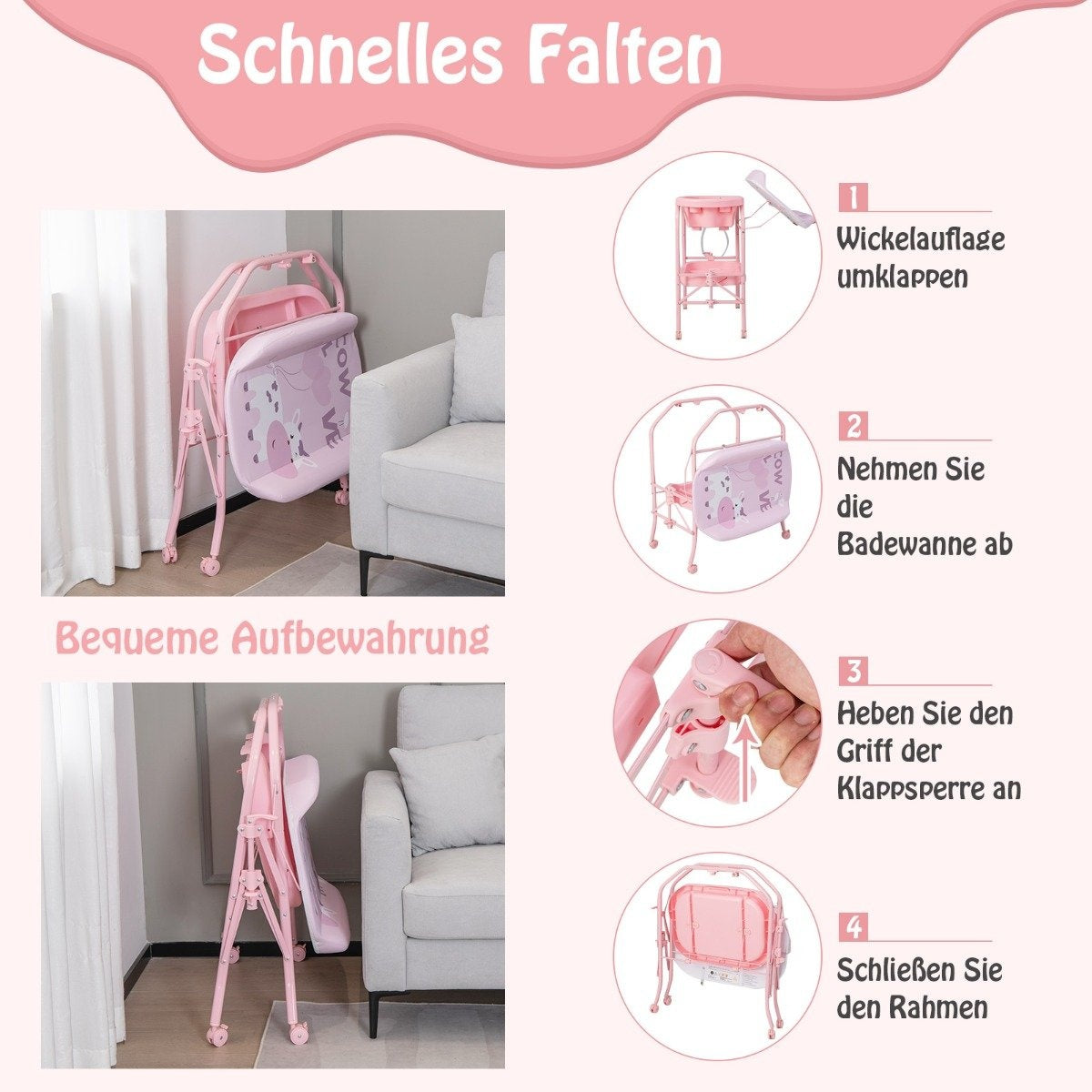 Foldable Baby Changing Table with Bath, Storage, Wheels