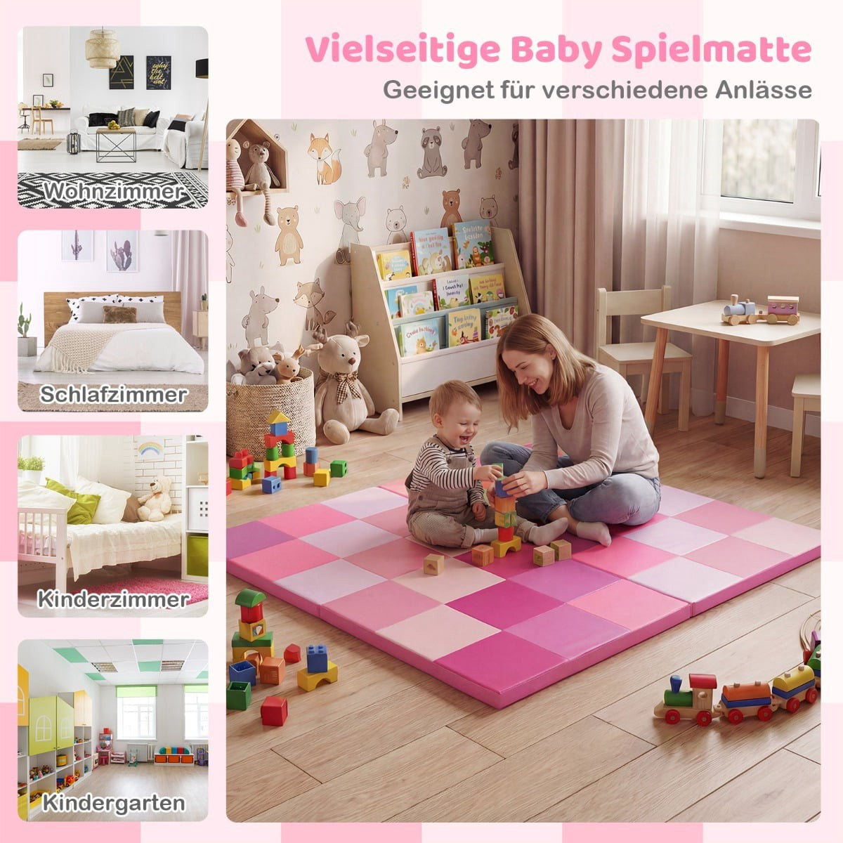 Foldable Baby Play Mat Set, Pink Foam & Faux Leather