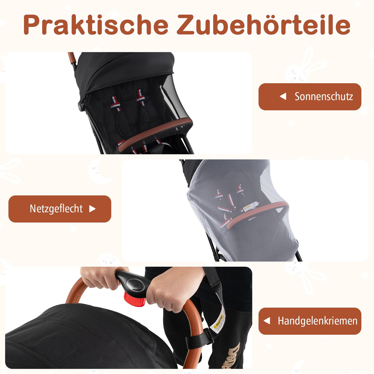 Foldable Baby Stroller with Adjustable Backrest & Canopy