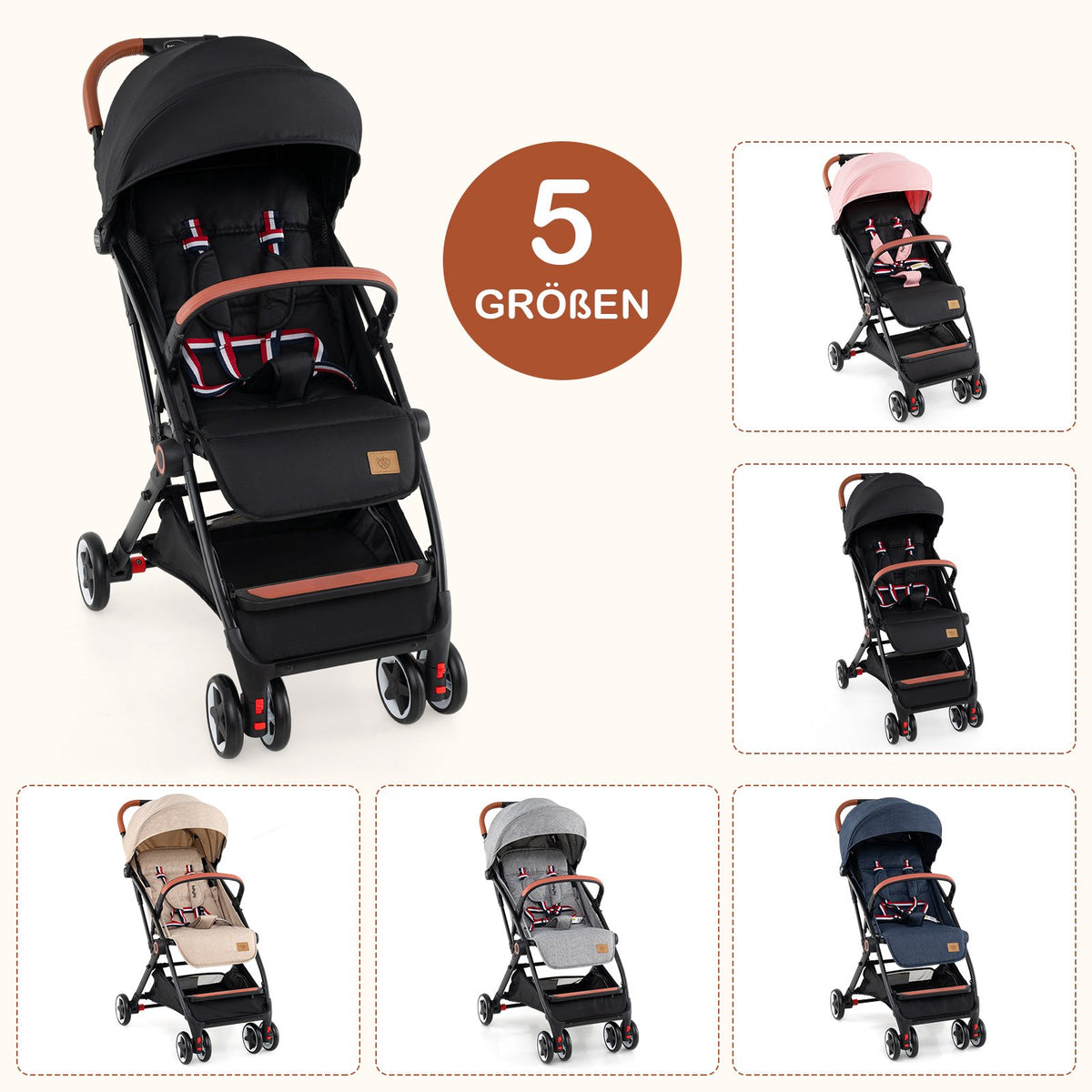Foldable Baby Stroller with Adjustable Backrest & Canopy