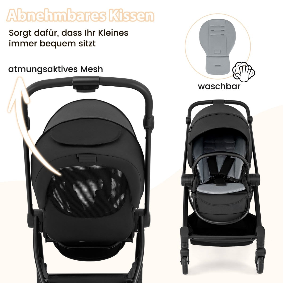 Foldable Baby Stroller with Reversible Seat, Black