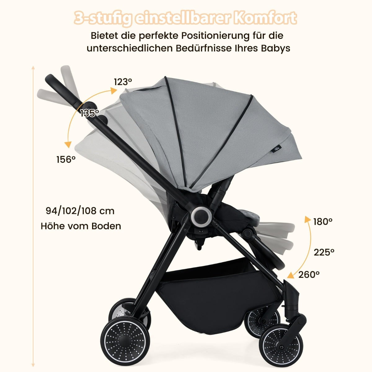 Foldable Baby Stroller with Reversible Seat, Grey