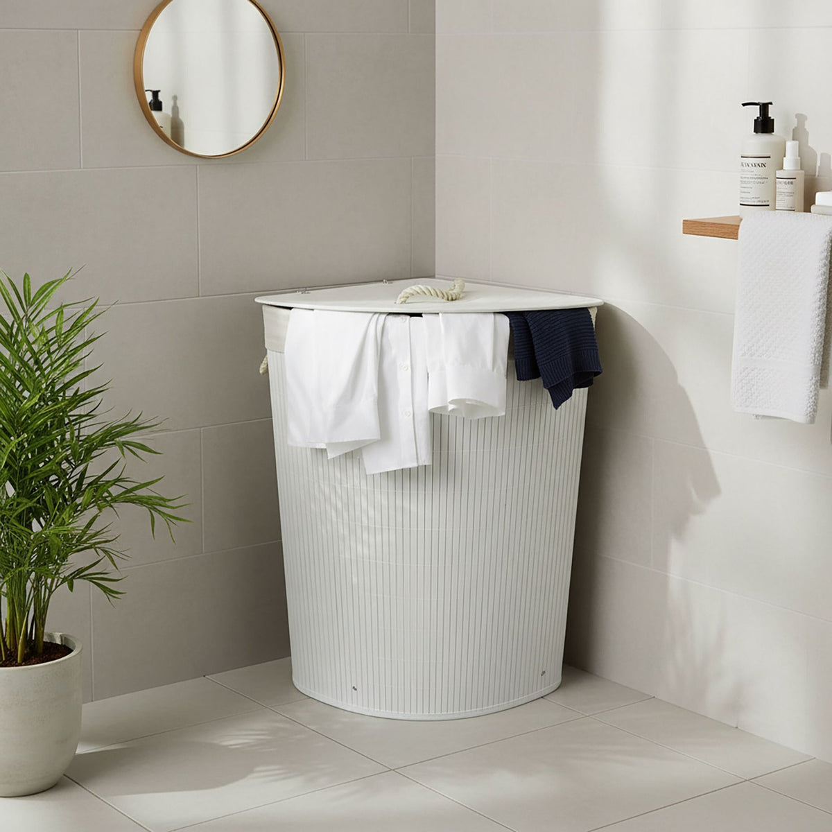 Foldable Bamboo Corner Laundry Bin with Lid