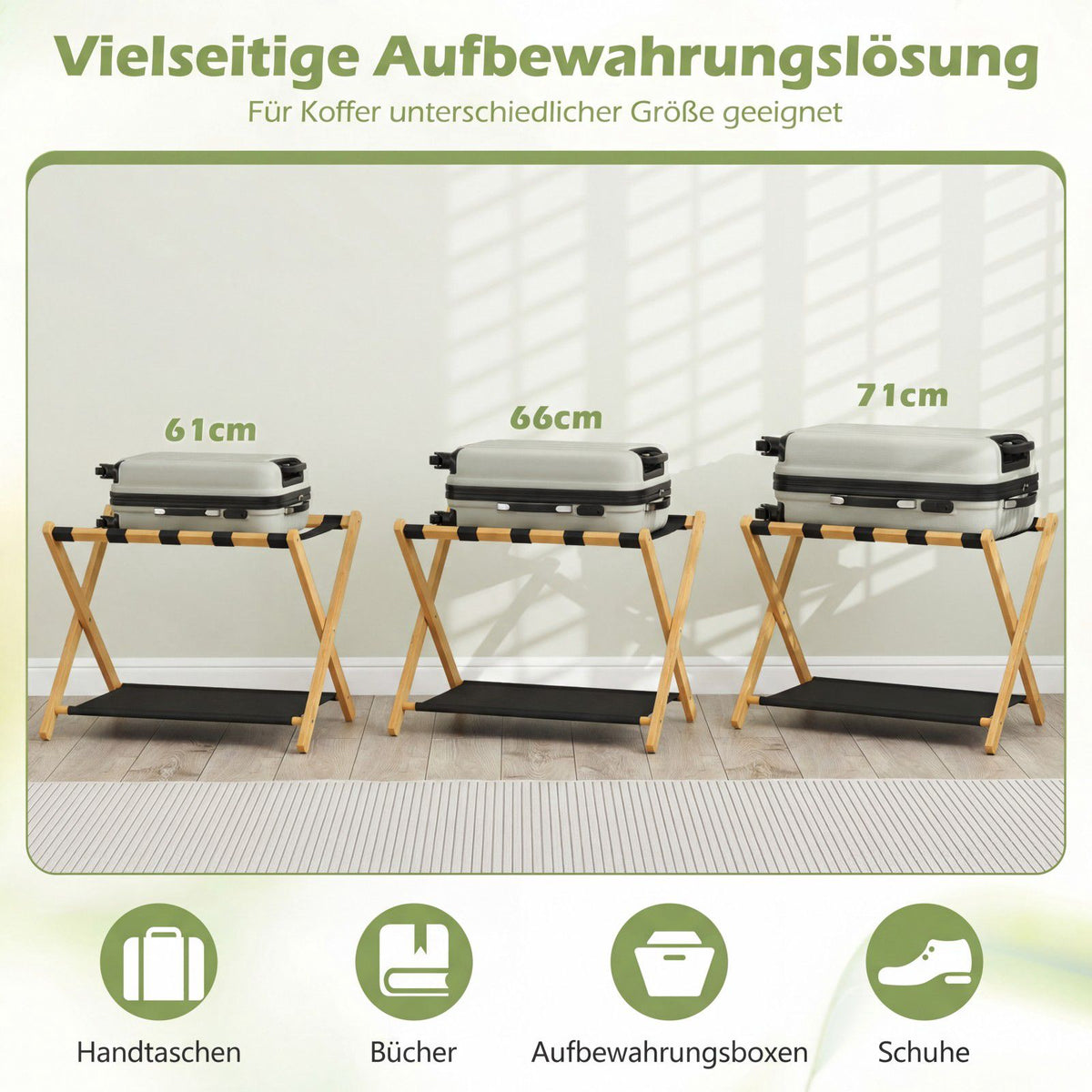 Foldable Bamboo Luggage Stand Set with Storage Shelves