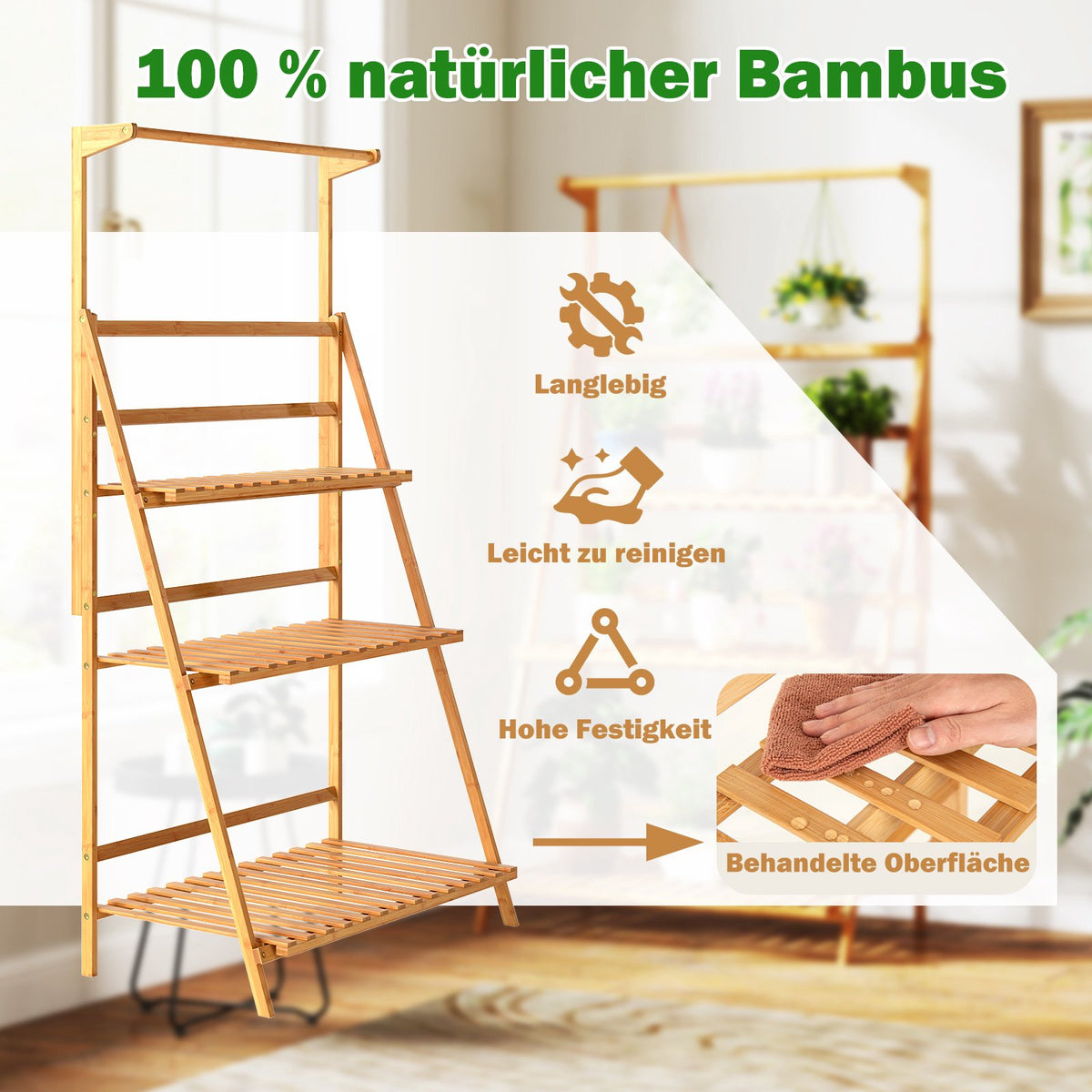 Foldable Bamboo Plant Stand with Adjustable Shelves, 71x40x120 cm
