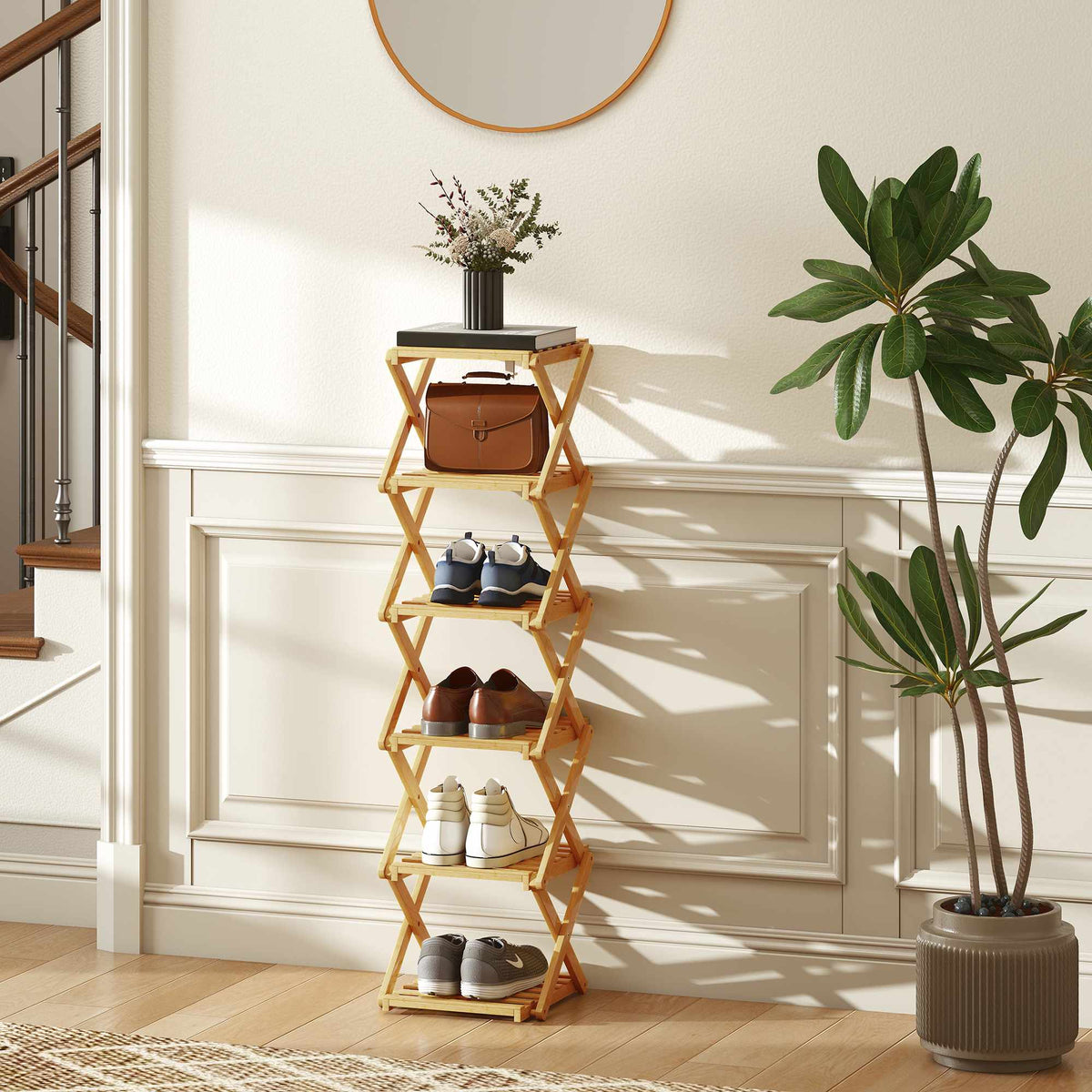 Foldable Bamboo Shoe Rack, 6-Tier, Holds 9 Pairs, 30x29x108 cm