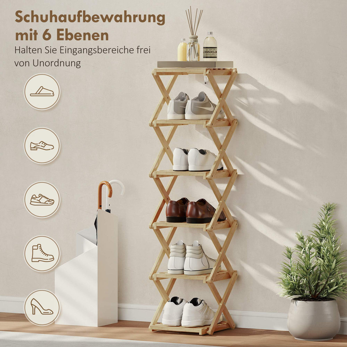 Foldable Bamboo Shoe Rack, 6-Tier, Holds 9 Pairs, 30x29x108 cm