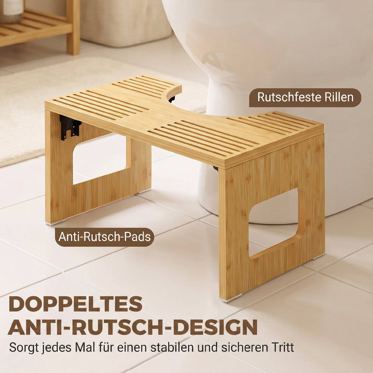 Foldable Bamboo Toilet Stool, Non-Slip, Oak Finish