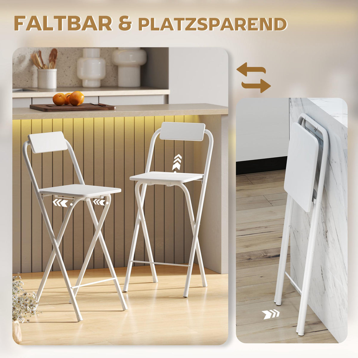 Foldable Bar Stools Set of 2 with Steel Frame, White