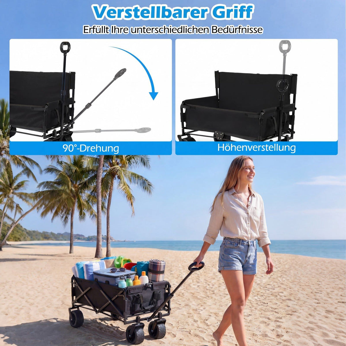 Foldable Beach Wagon with Seat, Adjustable Handle, Black