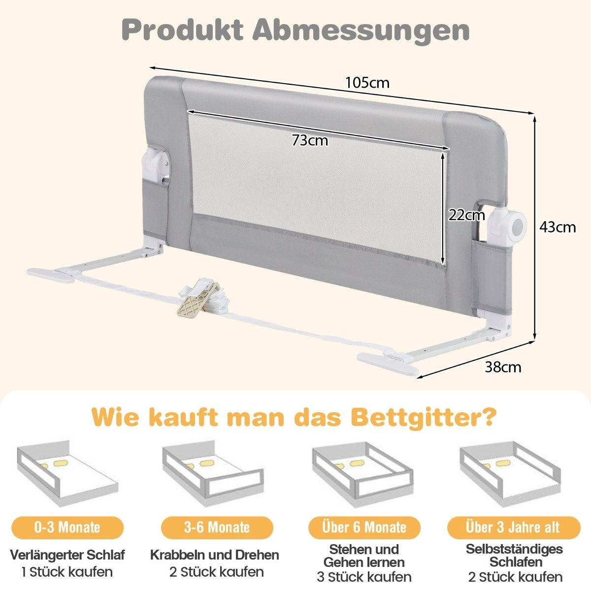 Foldable Bed Rail Guard for Toddlers, 105x40x42 cm, Gray