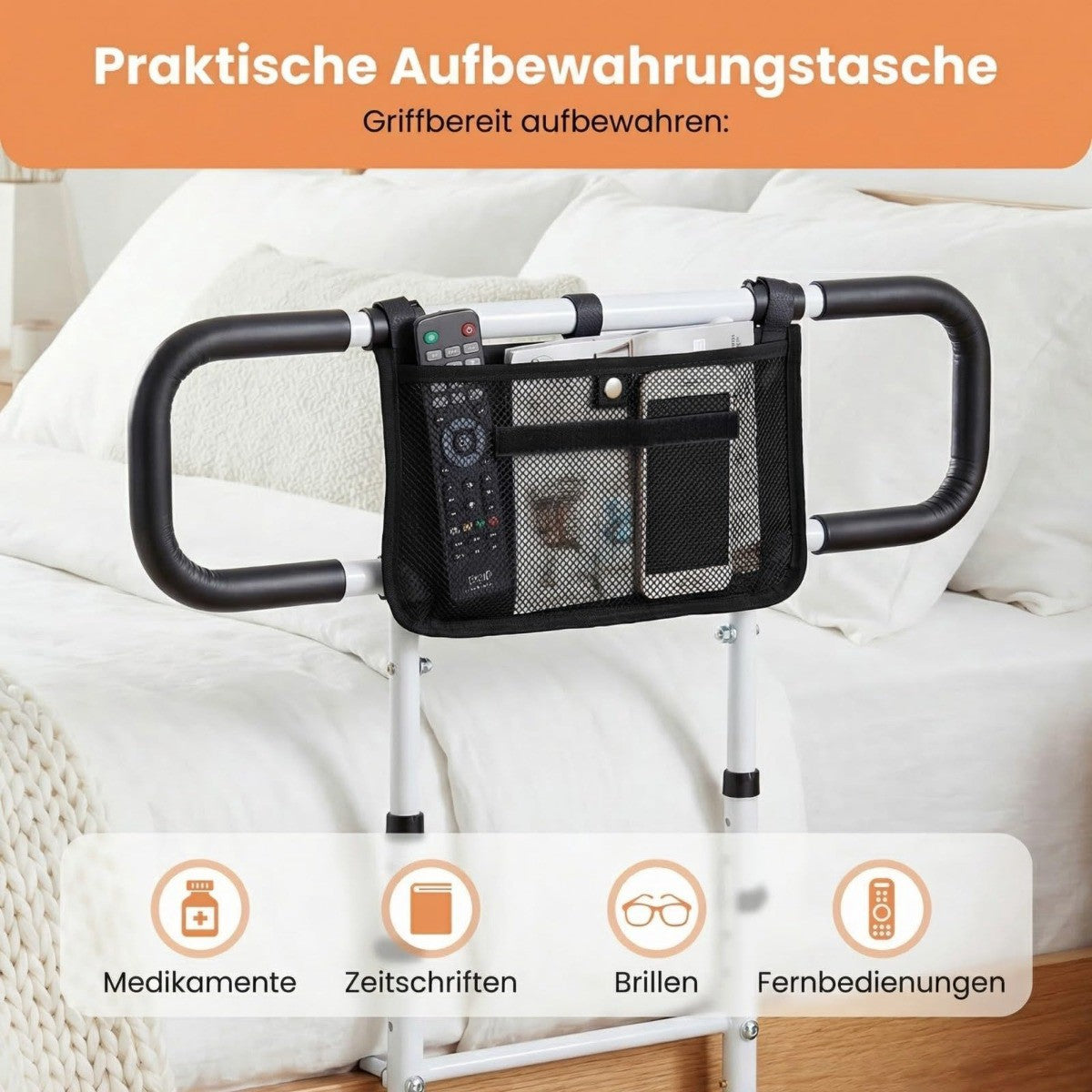 Foldable Bed Rail for Seniors with Storage Pocket, White