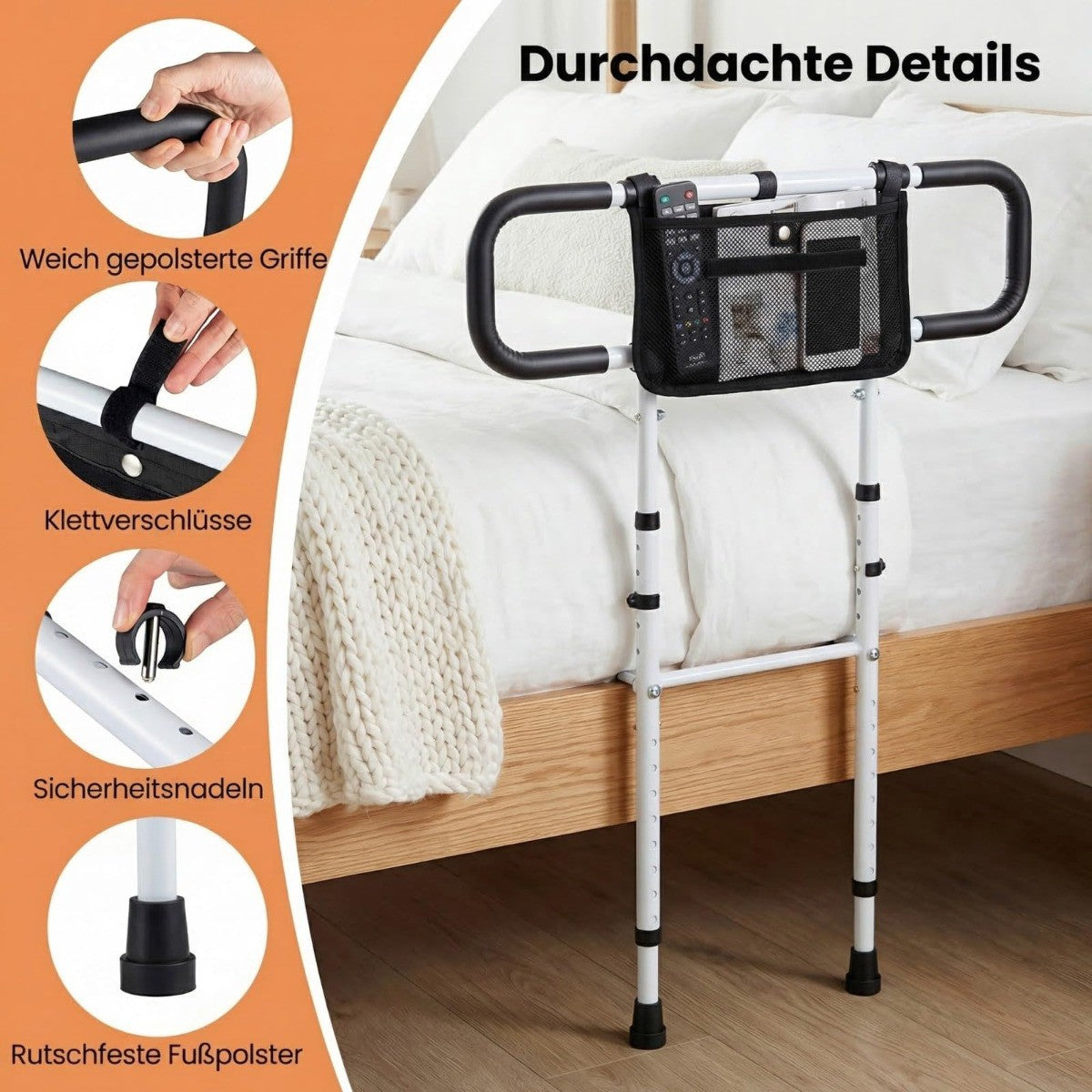 Foldable Bed Rail for Seniors with Storage Pocket, White